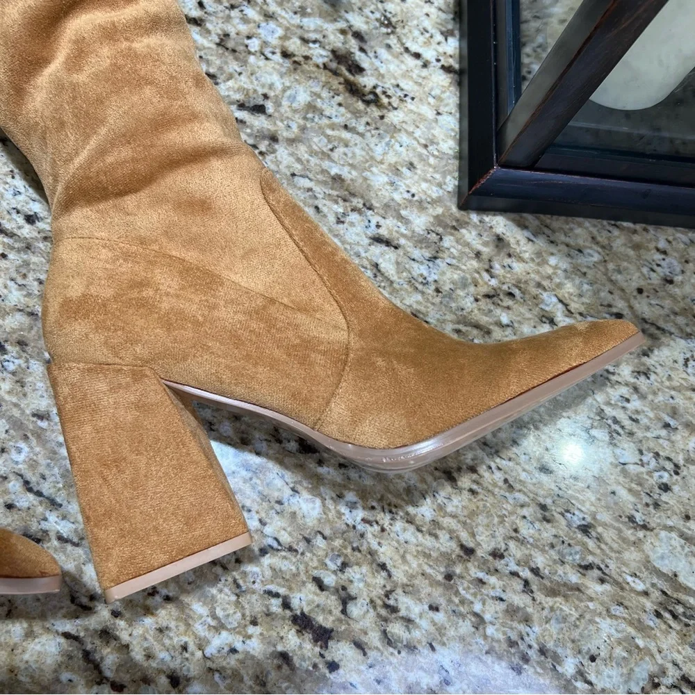 Cape Robbin Tan Over The Knee Pointed Heel Triangle Block Heel 8.5